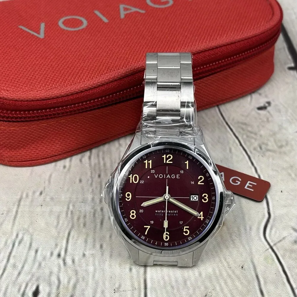 Voiage Men's Silver Stainless Steel Analog Dial Quartz Watch Red Dial VG-2001-55